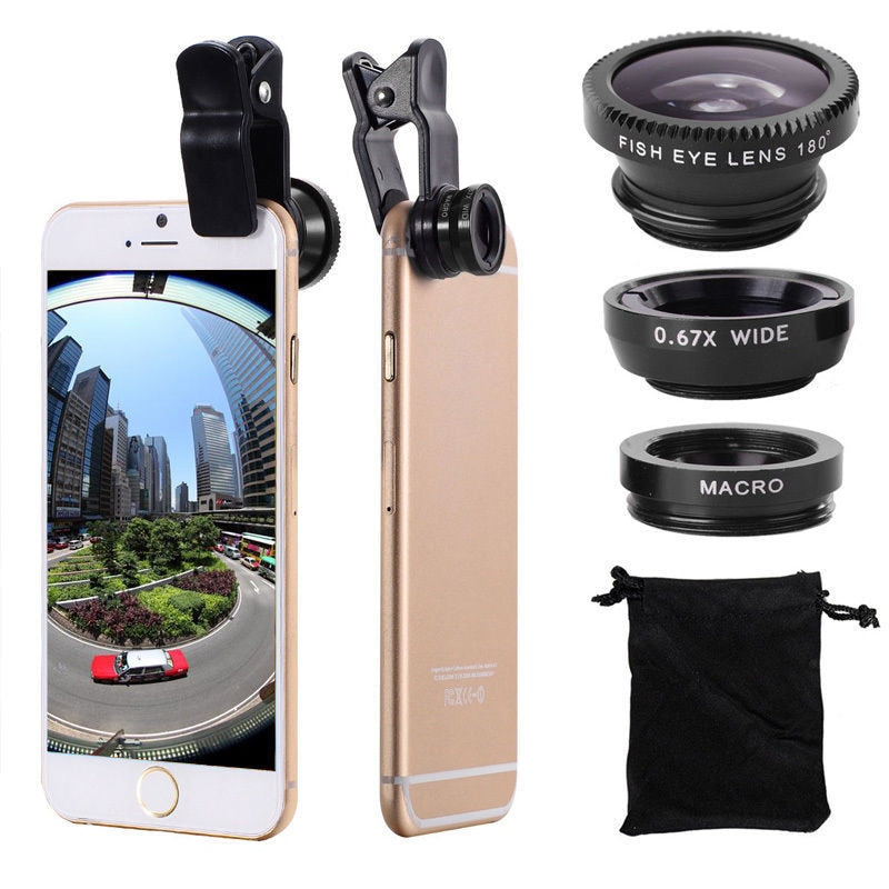 Kits com clipe de lente para smartphone 3 em 1- 0.67x grande angular zoom olho de peixe macro lentes câmera - Eletrônicos